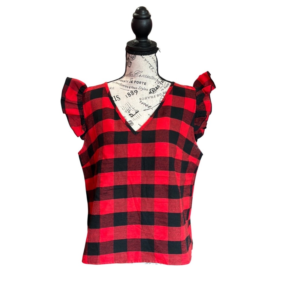 SHEIN Buffalo Plaid Ruffle Cap‎ Sleeve Blouse Red Black V-Neck Top Large
